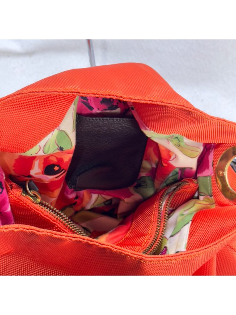 JPK Paris 75 Orange & Floral Lined Nylon Shoulder Bag With Gold Hardware - Picture 8 of 12